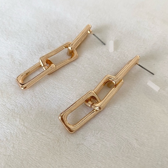 Dangle Chain Triple Link Gold Statement Earrings New - Picture 6 of 7